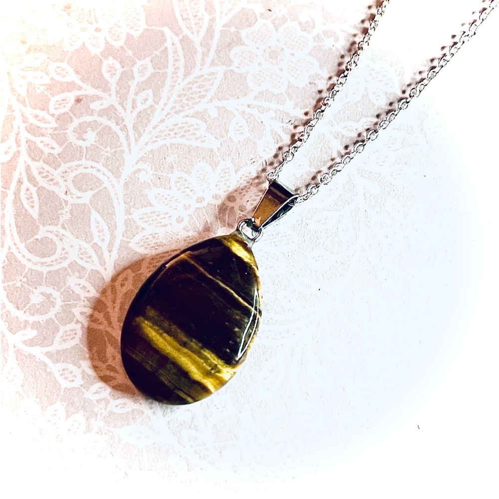 New 925 Sterling Silver Brown Black Tigers Eye Stone Water Drop Necklace - Picture 9 of 14